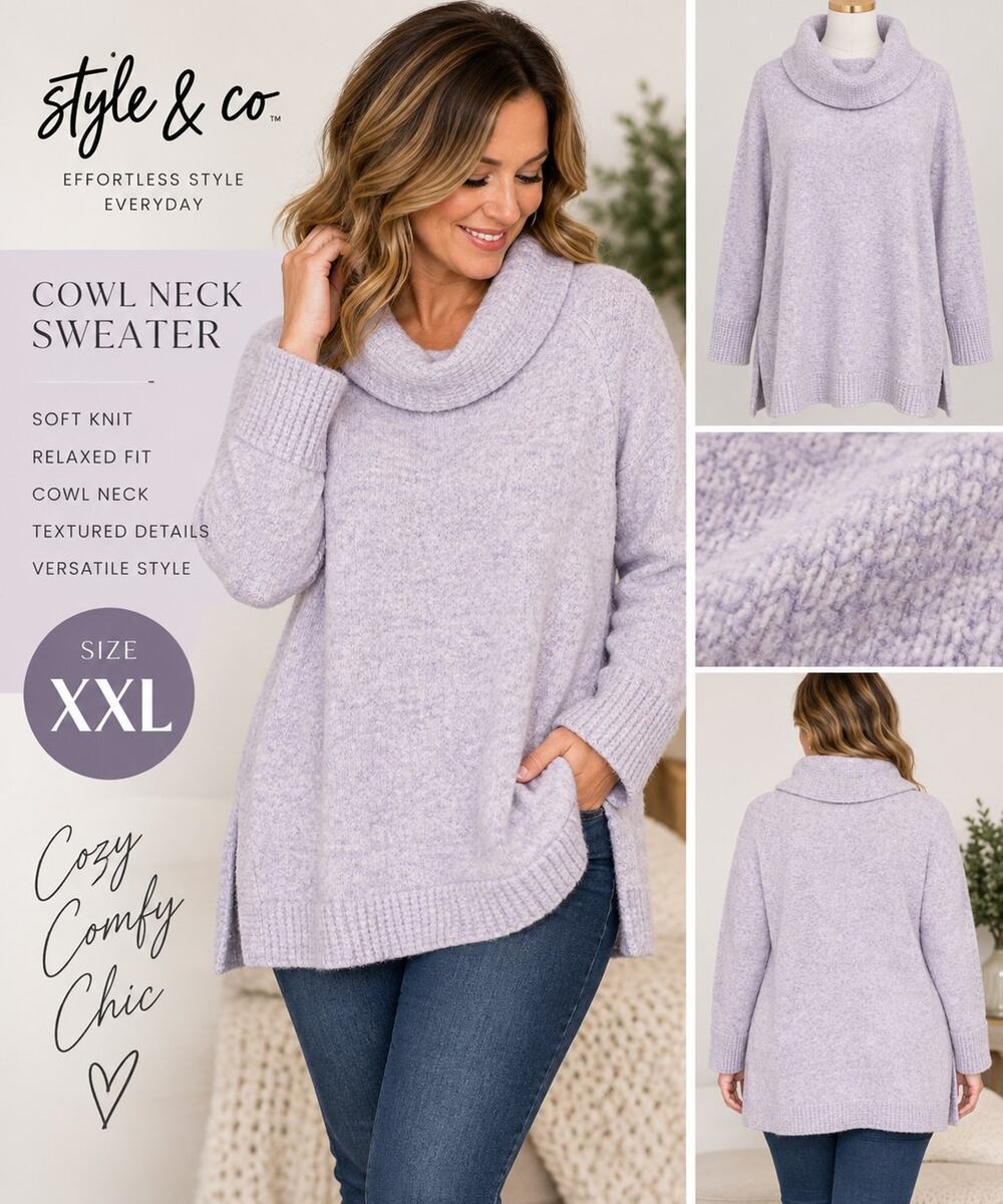 Style & Co XXL Light Lilac Cowl Neck Sweater Tunic Oversized Soft Knit Lavender